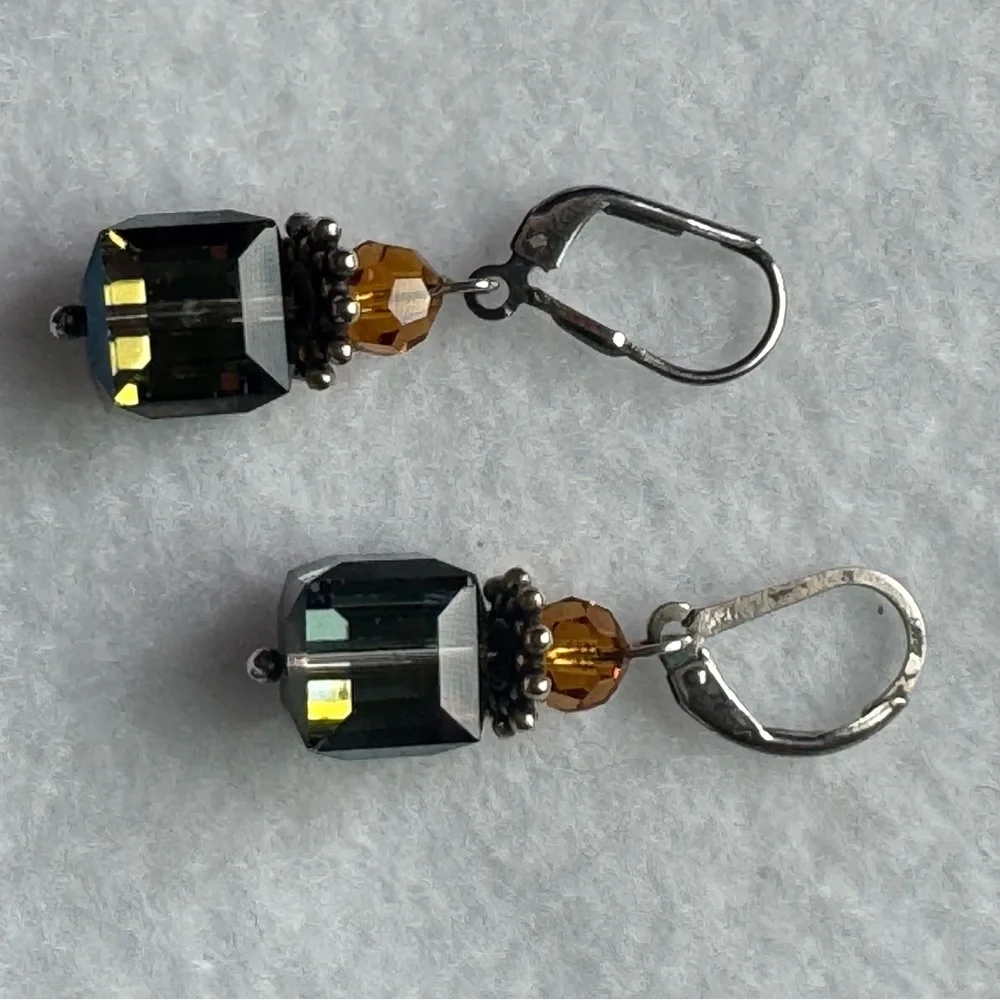 925 Sterling Silver Green Yellow Crystal Minimalist Cube Drop Earrings NEW